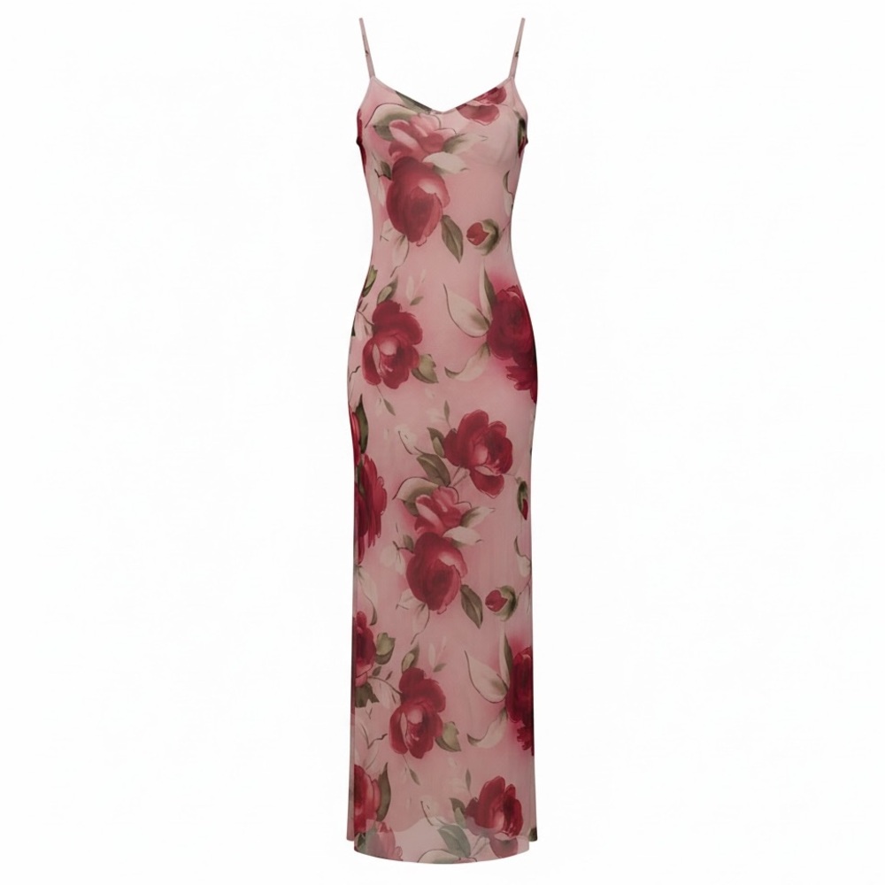 Vintage Valerie Stevens Pink Red Floral Rose Y2K Fairy Lingerie Maxi‎ Dress 90s